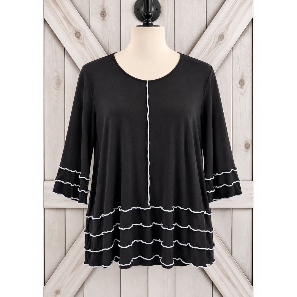 IC by Connie K Tunic Top Black Lettuce Edge Tiered Ruffle Hem 3/4 Sleeve Size L